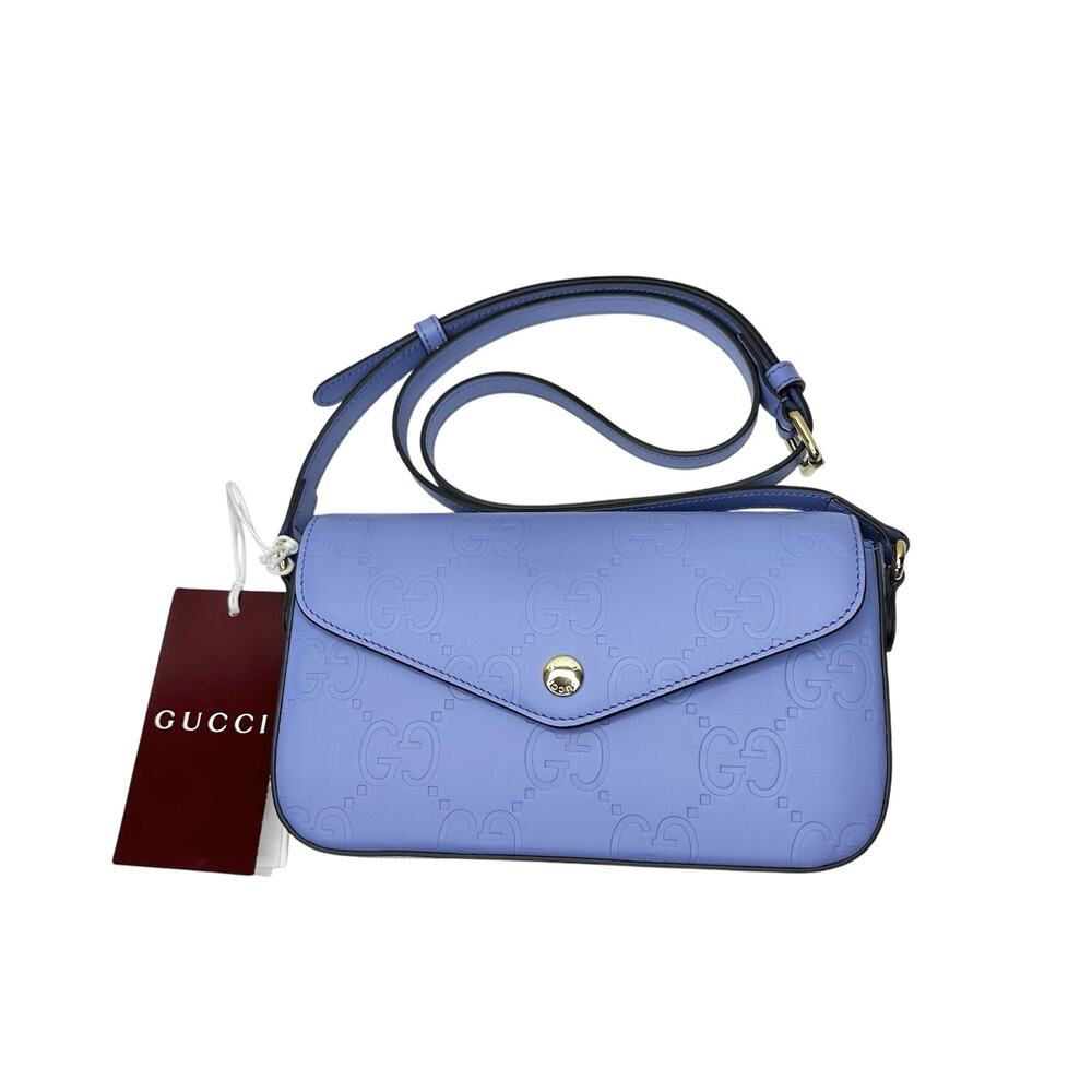 Gucci Gg Super Mini Shoulder Bag Women's Lilac Blue Leather Crossbody Strap NIB - Picture 8 of 13